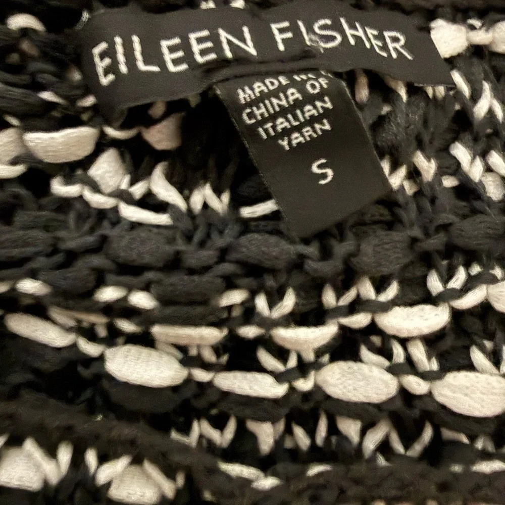 Eileen Fisher Black White Textured Knit Modern Minimalist Boxy Cotton Top Small
